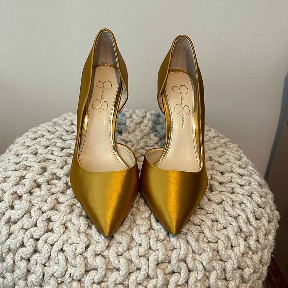 Jessica Simpson Prizma D’Orsay Canary satin heels
